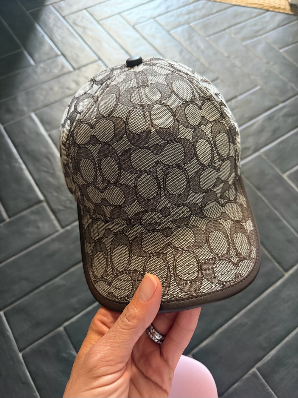 Coach Signature Jacquard Baseball Cap in Tan with Brown Leather Accents